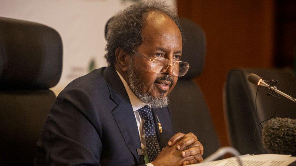 President of Somalia Hassan Sheikh Mohamud conducts a press conference after the 37th Ordinary Session of the Assembly of the African Union (AU) at the AU headquarters in Addis Ababa on February 17, 2024.