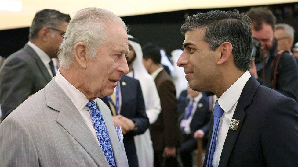 King Charles III (left) speaks with Prime Minister Rishi Sunak as they attend the opening ceremony of the World Climate Action Summit at Cop28 in Dubai.