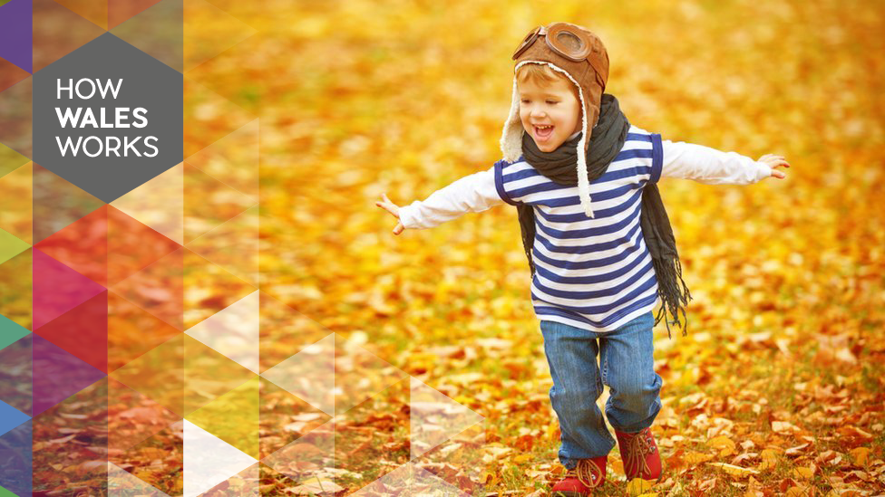 Child playing in leaves