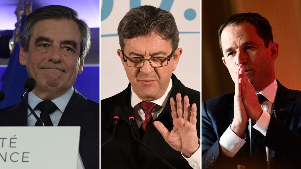 From L-R: Francois Fillon, the Republican candidate; Jean-Luc Mélenchon, the far-left firebrand; and Benoit Hamon, the Socialist Party candidate.