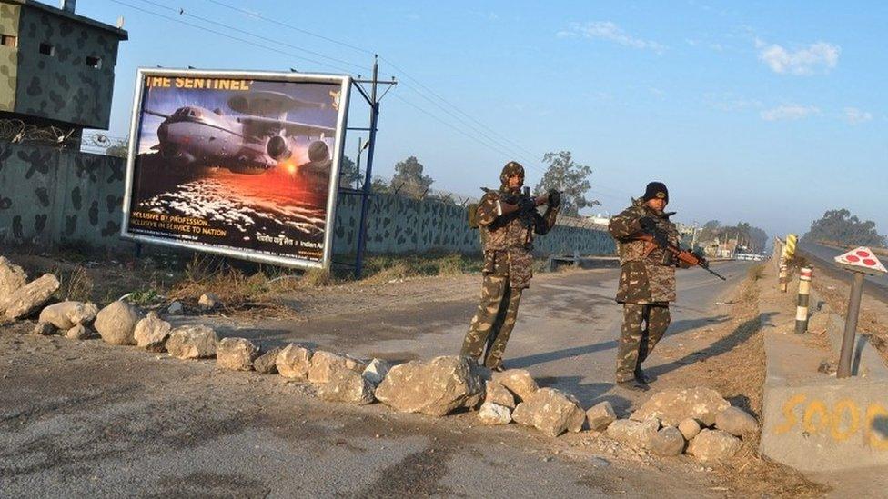 Indian security personal stands outside the Air Force base in Pathankot, India, 05 January 2016, following an encounter with militants on 04 January