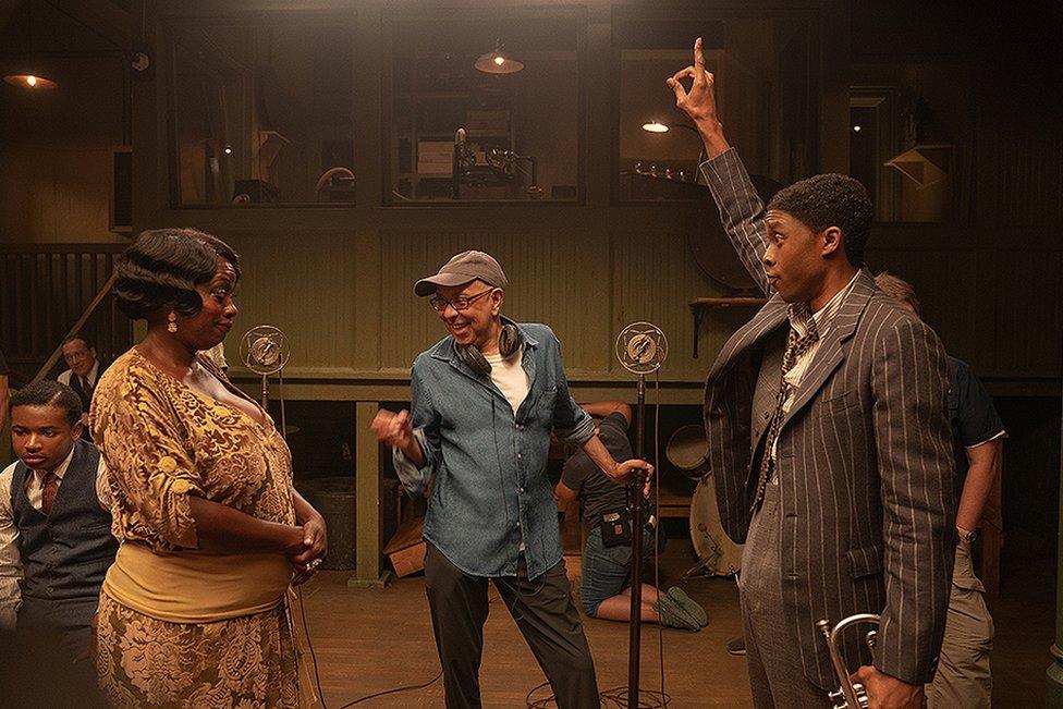 Viola Davis, George C Wolfe and Chadwick Boseman