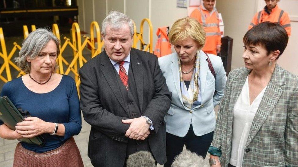 Liz Saville Roberts, Ian Blackdord, Anna Soubry and Caroline Lucas after a meeting on Monday