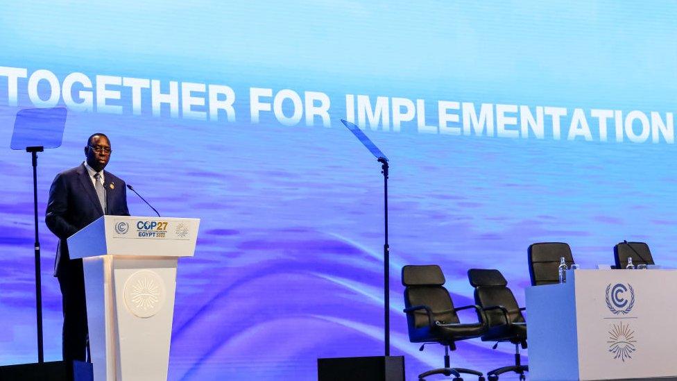 Macky Sall, President of Senegal delivers his national statement during the High-Level Segment for Heads of State and Government summit on the third day of the COP27 UN Climate Change Conference