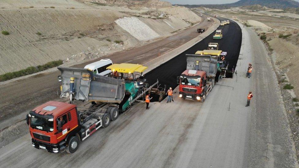 An aerial view of construction of roads and railways in the Zangezur Corridor