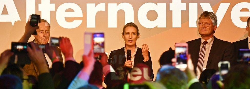 Co-top candidates Alexander Gauland and Alice Weidel of the German right-wing populist party "Alternative for Germany" (AfD) and AfD federal co-chairman Joerg Meuthen celebrate their success on 24 Sept