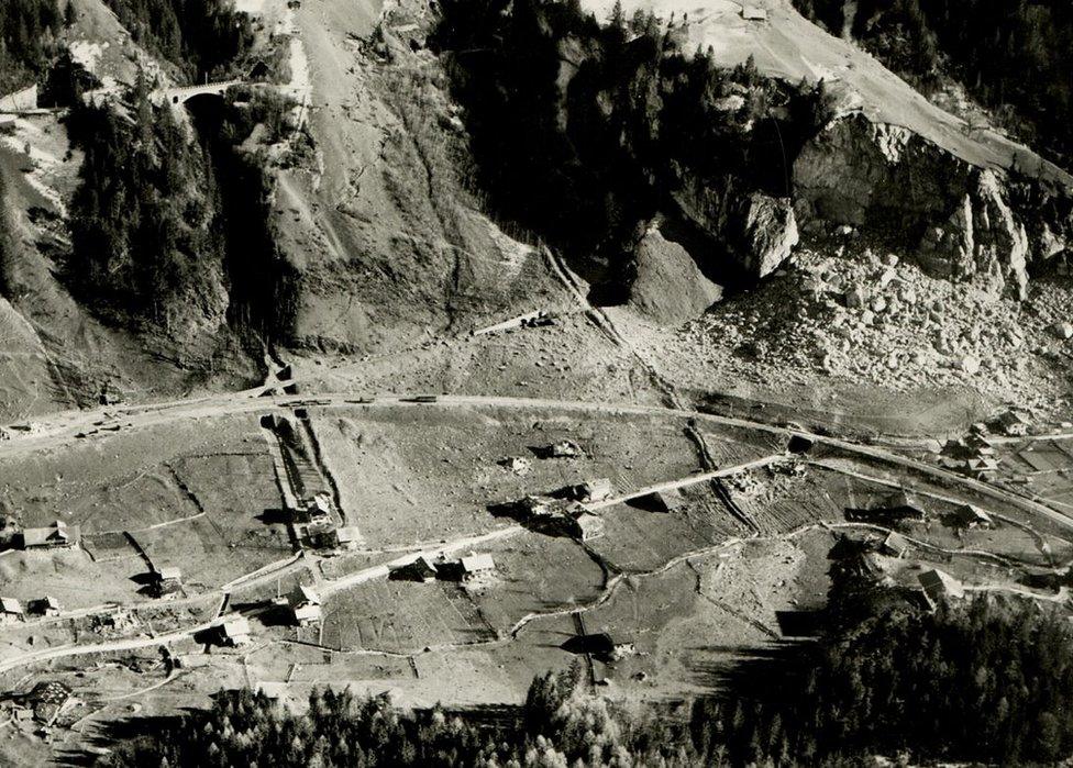 Aerial view of Mitholz after the blast