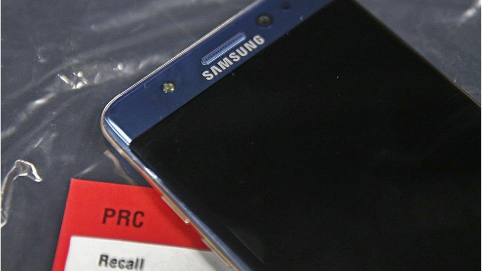 A Samsung Galaxy Note 7 lays on a counter in plastic bags after it was returned to a Best Buy on September 15, 2016 in Orem, Utah.