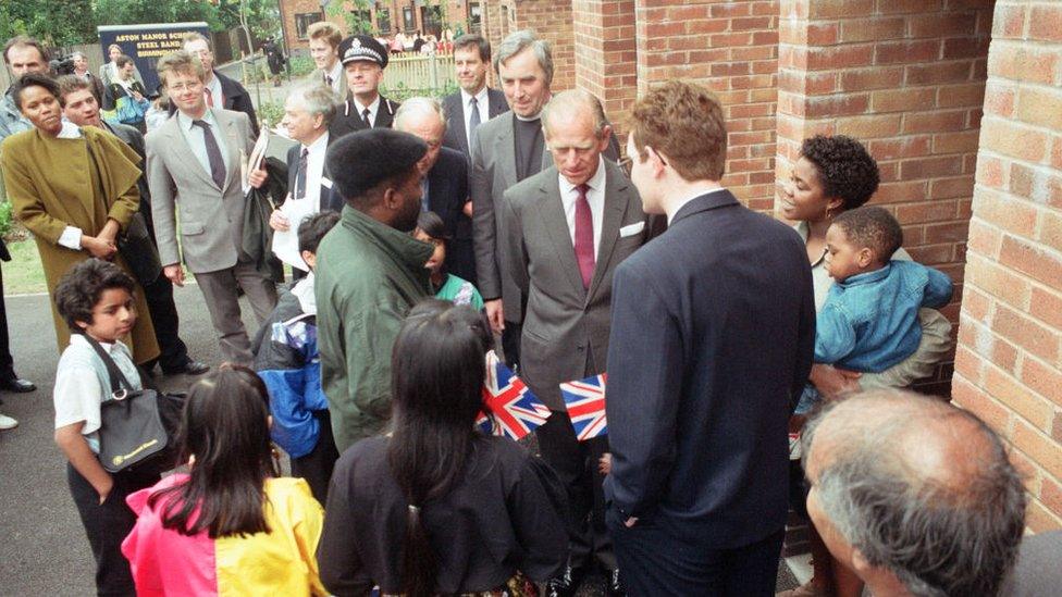 Prince Philip, Duke of Edinburgh tours the Century Drive housing development off Albert Road, Handsworth, West Midlands, 12th June 1991.