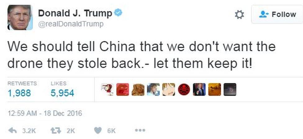 Donald Trump tweeted: "We should tell China that we don't want the drone they stole back - let them keep it!"