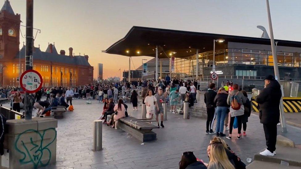 Crowds in Cardiff Bay