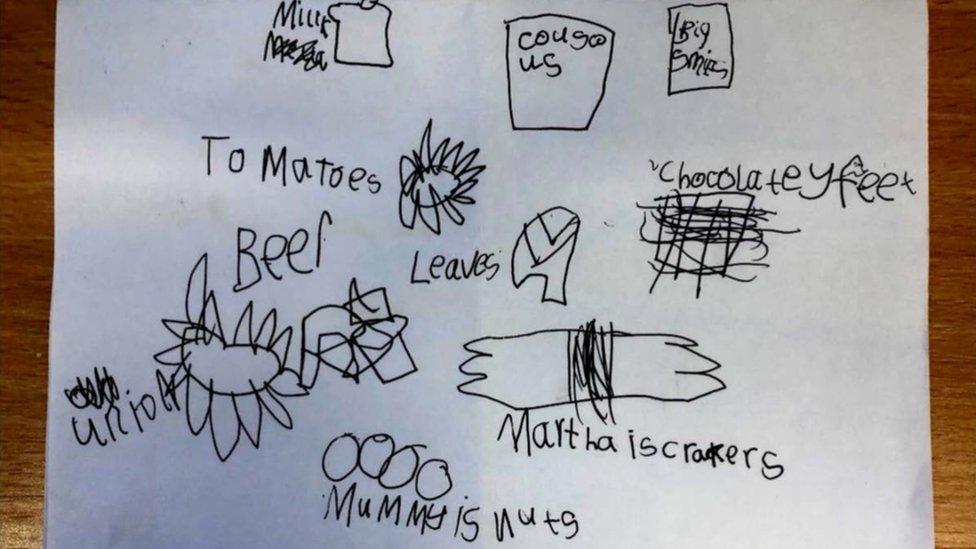 Shopping list with drawings by a child with one item marked "Mummy is nuts"