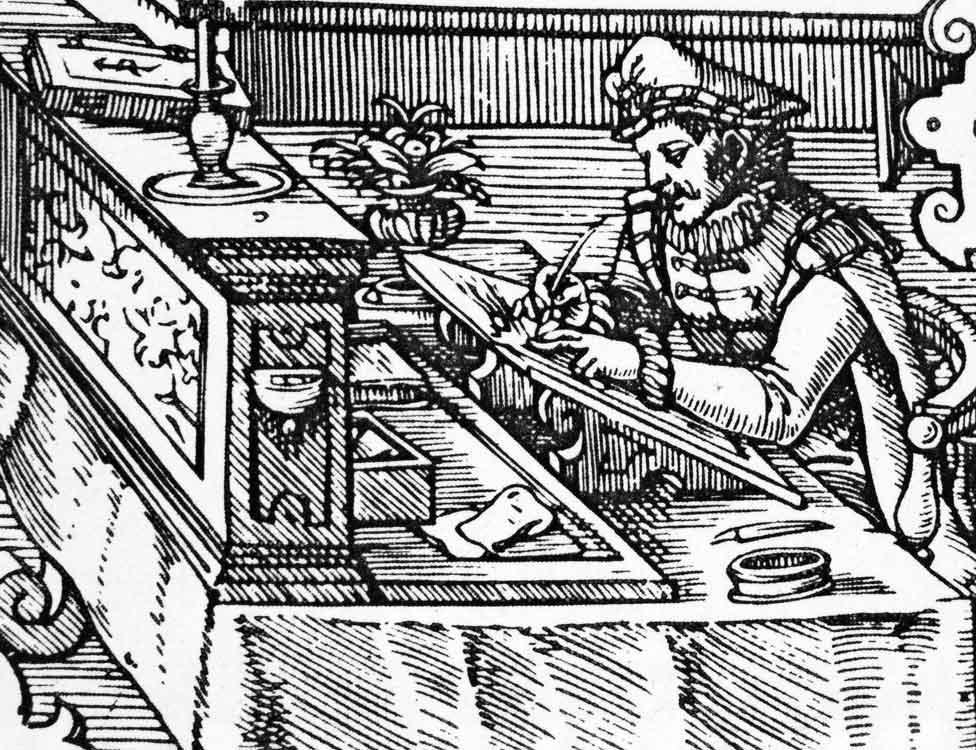 A 1585 woodcut showing a German merchant's bookkeeper doing double-entry bookkeeping