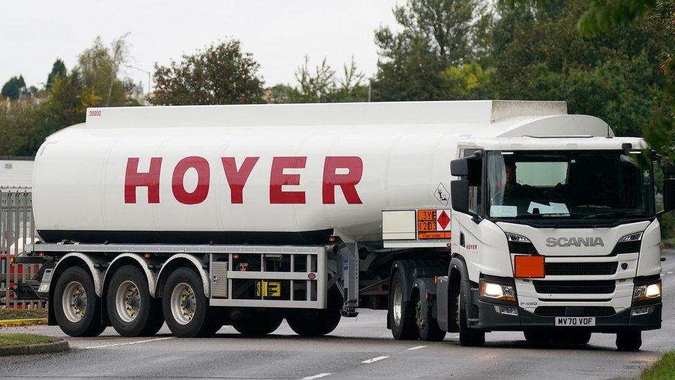 A fuel tanker leaving a Shell Oil depot in Warwickshire