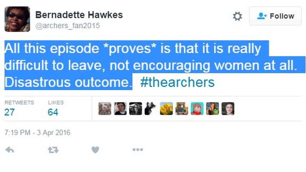 Tweet: 'All this episode *proves* is that it is really difficult to leave, not encouraging women at all. Disastrous outcome.'