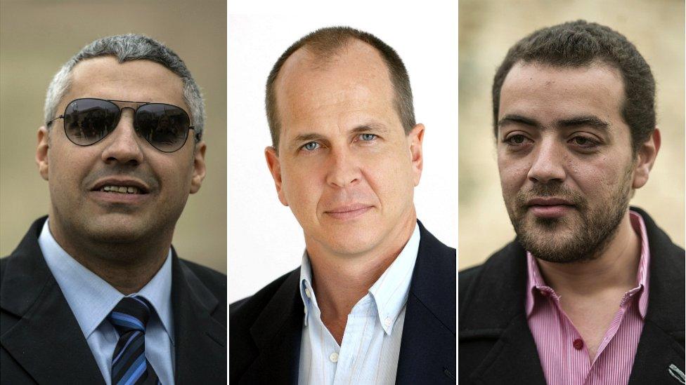 Canadian-Egyptian Mohamed Fahmy (left), Australian Peter Greste and Egyptian Baher Mohamed (right)