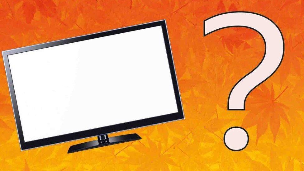 A flatscreen TV and a question mark on top of an autumn leaf orange image.