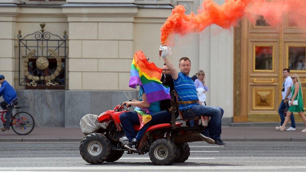 Nikolai Alexeyev unauthorized gay rights activists rally in central Moscow on May 30, 2015