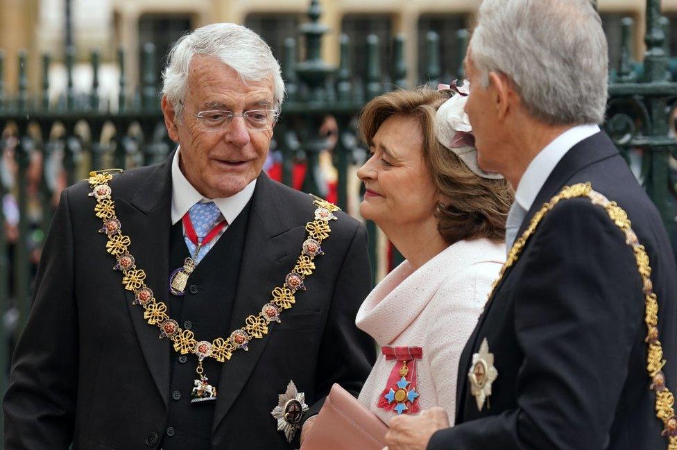 Former prime ministers Sir John Major and Sir Tony Blair, with Cherie Blair