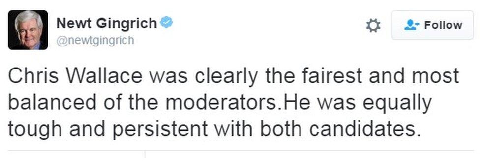 "Chris Wallace was clearly the fairest and most balanced of the moderators.He was equally tough and persistent with both candidates."