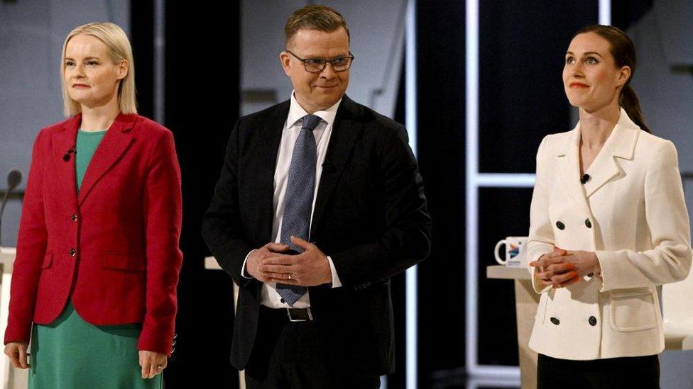 Chairperson of the Finns Party Riikka Purra, Chairperson of the National Coalition Party Petteri Orpo and Chairperson of the SDP and current Prime Minister Sanna Marin gather before the parliamentary elections debate hosted by Finnish Broadcasting Company YLE in Helsinki, Finland March 30, 2023