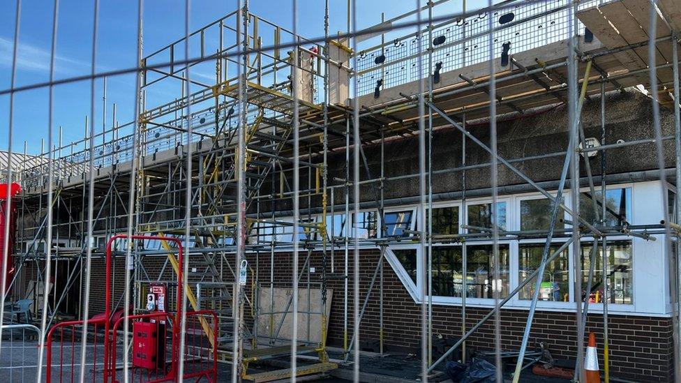 Building covered in scaffolding