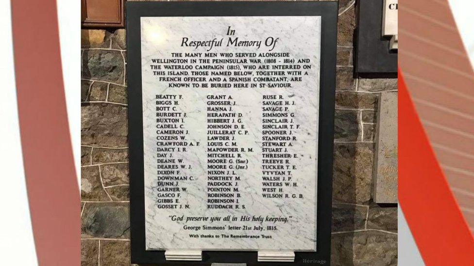 Memorial plaque listing the names of 58 soldiers who fought in the Battle of Waterloo