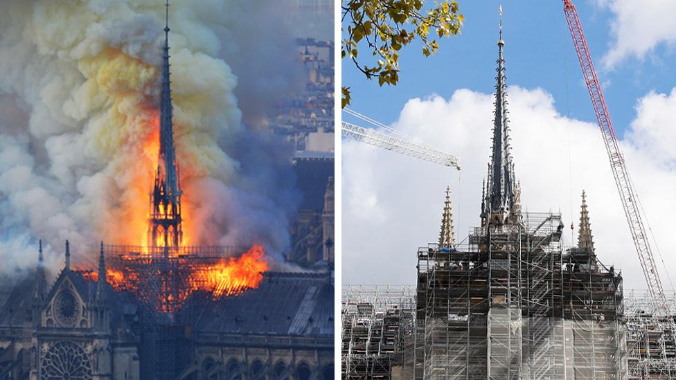 A before and after composite showing Notre Dame's tower burning in 2019 and the reconstruction effort on 10 April 2024