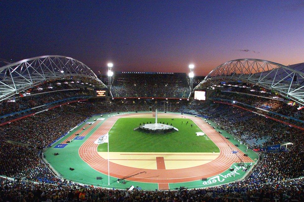 More than 100,000 people are gathered at the Olympic Stadium for the closing ceremonies of the Sydney Olympic Games 1 October, 2000