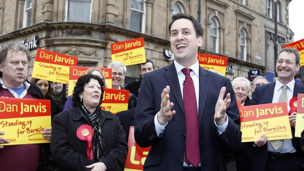 Ed Miliband celebrates the victory of Dan Jarvis in the Barnsley Central by-election, in 2011