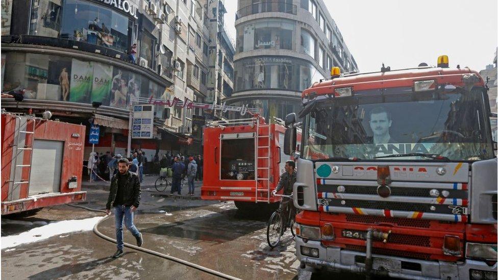 Scene of fire at La Mirada shopping centre, Damascus (01/03/22)