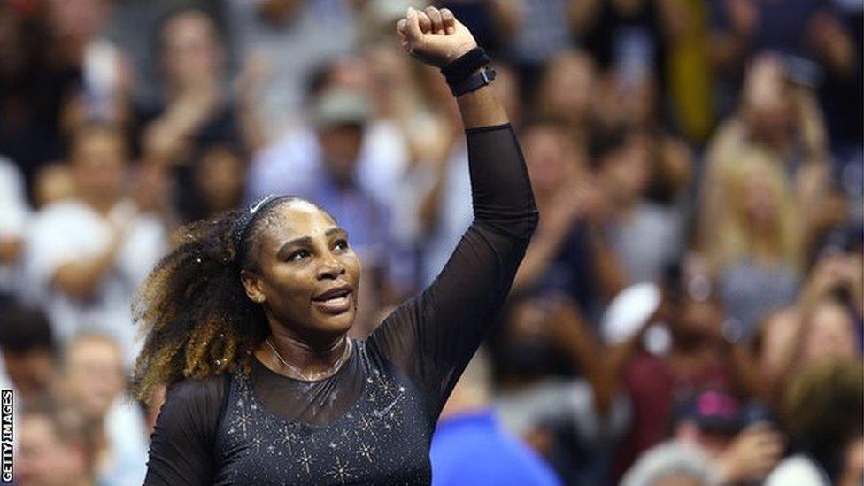 Serena Williams celebrates winning in the US Open first round