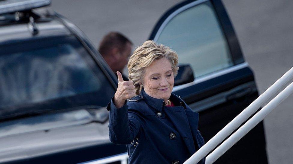 Democratic presidential nominee Hillary Clinton boards her plane at Westchester County Airport October 4, 2016 in White Plains, New York.