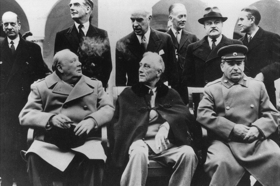 L-R: Winston Churchill, Franklin Delano Roosevelt and Joseph Stalin, Yalta, 8 Feb 45