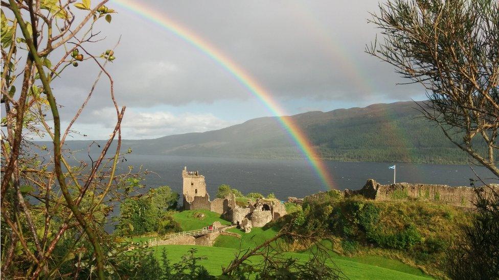 Urquhart Castle, Loch Ness, with double rainbow. I particularly like the juxtaposition of the double rainbow and the Saltire!