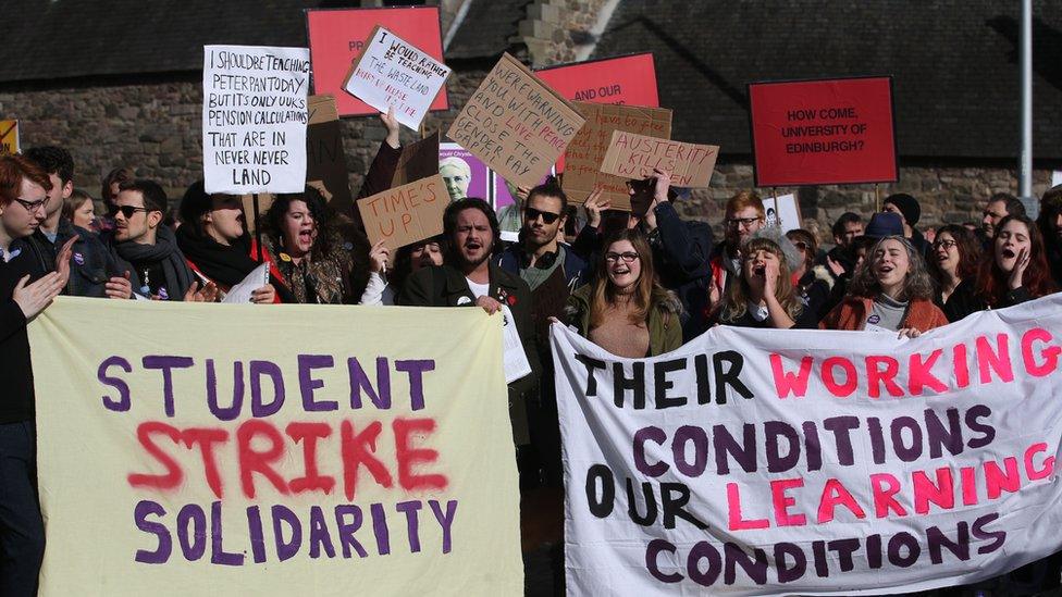 University staff are joined by politicians and students as they hold University pensions row rally outside the Scottish Parliament in Edinburgh as part of their ongoing strike action.