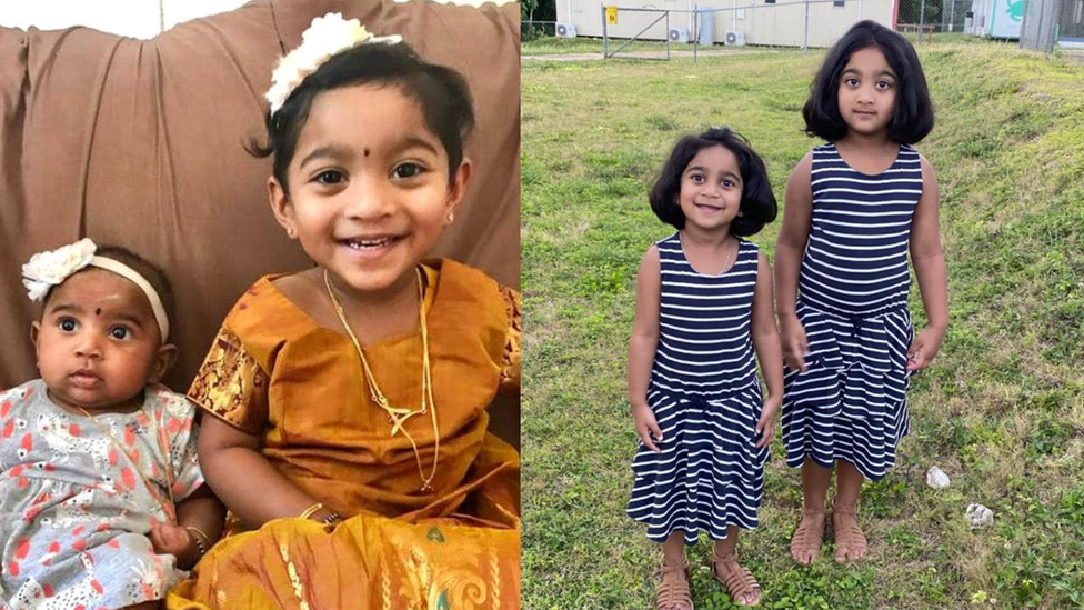 The two sisters at home in Biloela (left) and at their detention centre on Christmas Island (right)