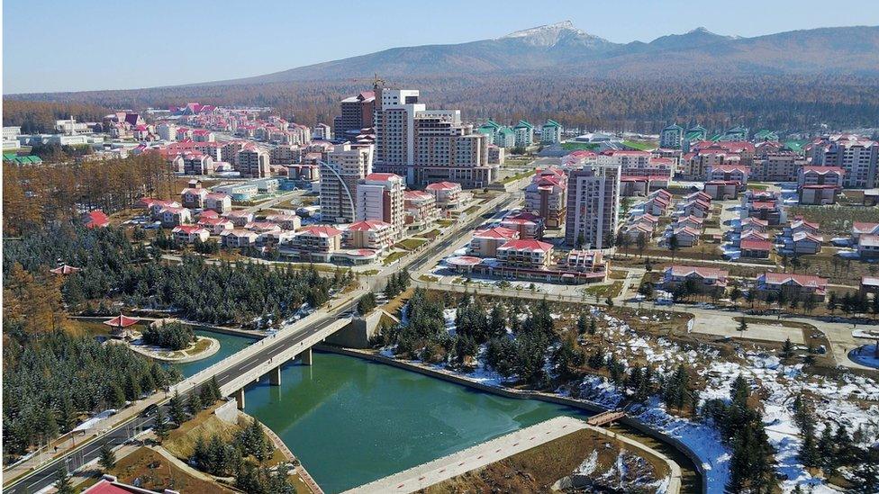 Buildings and construction sites are seen in Samjiyon County on October 16, 2019