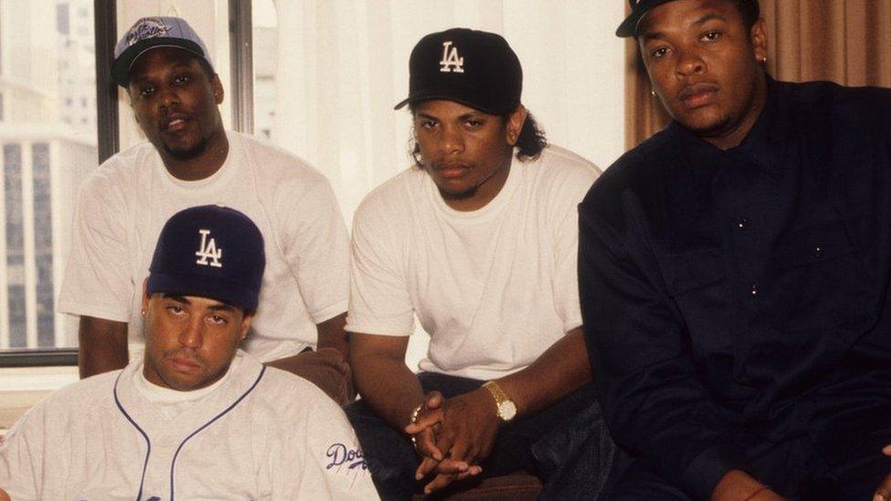 (L-R) Rappers MC Ren, DJ Yella, Eazy-E and Dr. Dre of the rap group NWA pose for a portrait in 1991 in New York