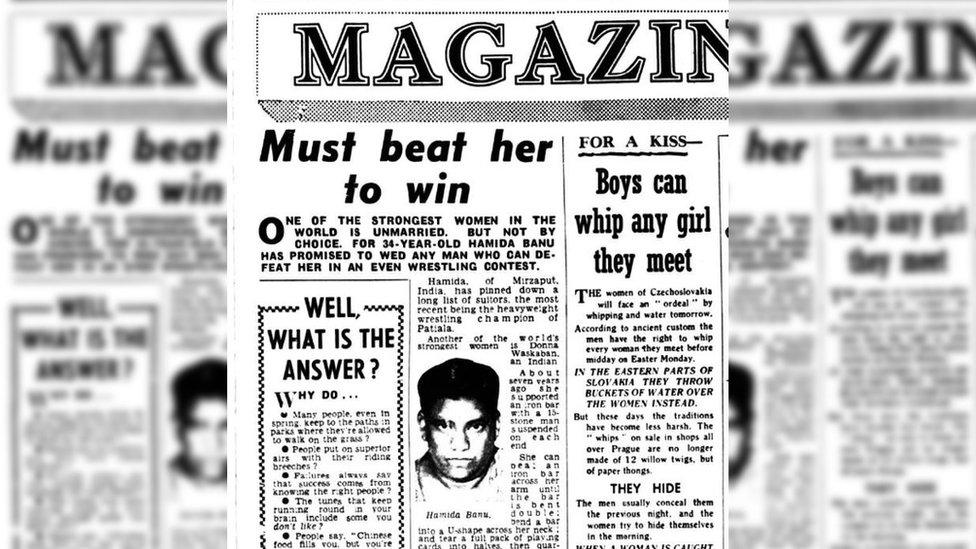 A newspaper clip showing a report on Banu's challenge to male wrestlers