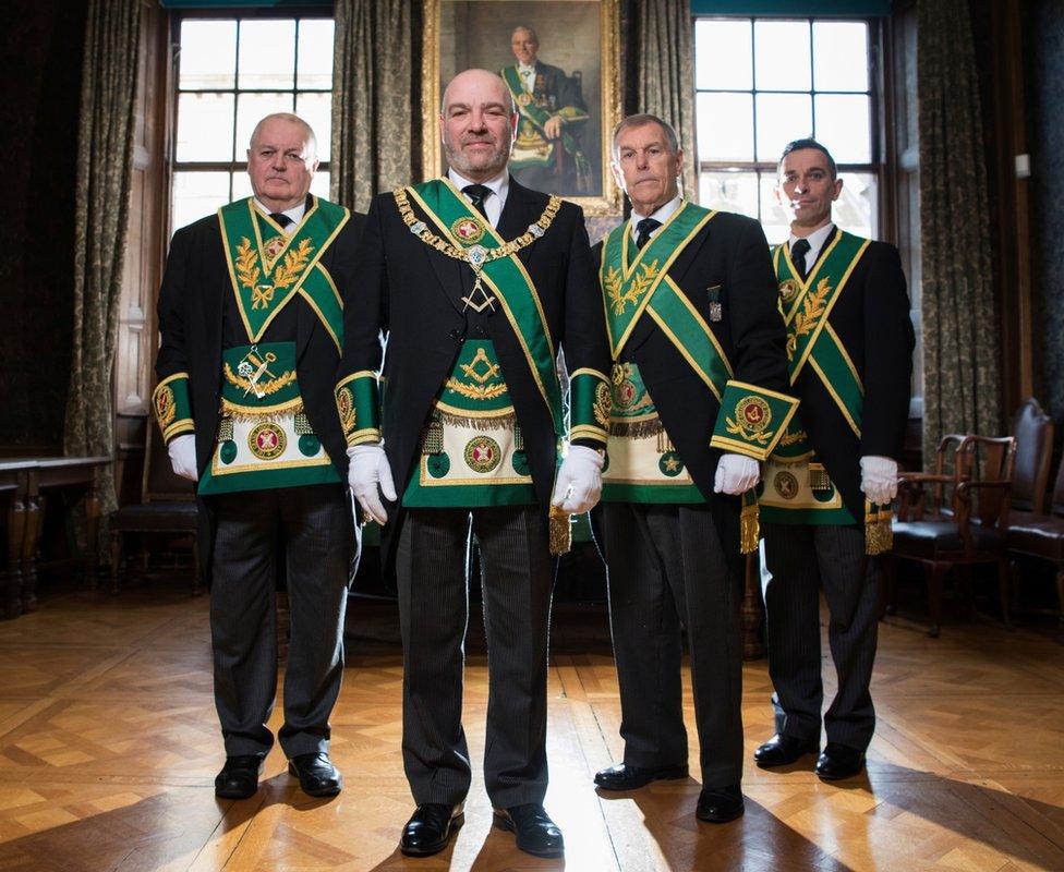 Left to right: David Begg, Grand Secretary of the Grand Lodge of Scotland, Ewan Rutherford, Depute Grand Master, Ramsay McGhee, Depute Grand Master at time of filming, Clark Wilson, Grand Tyler