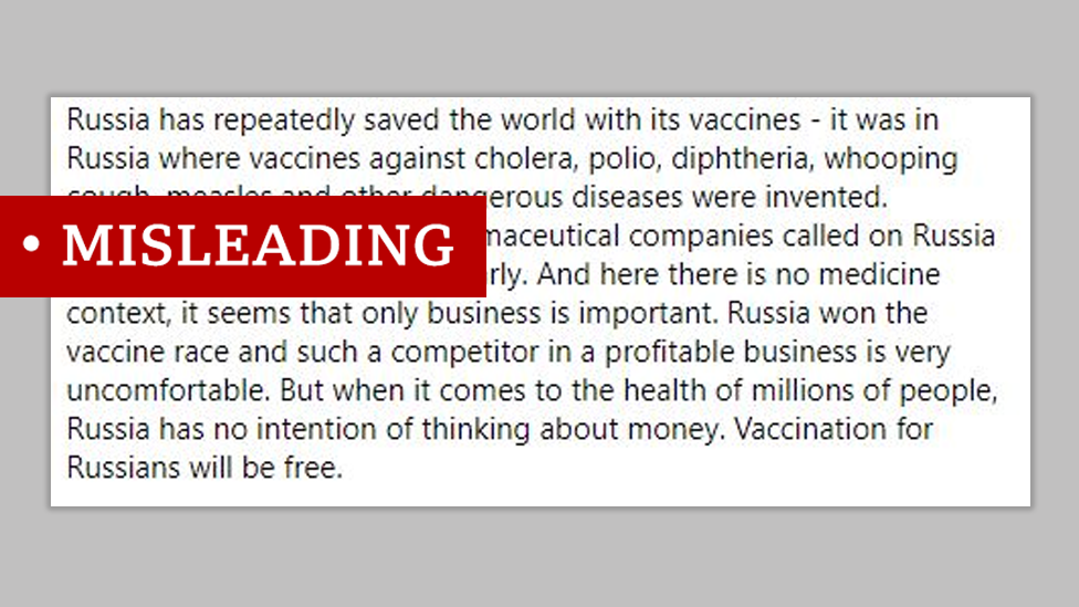 Screenshot of a post on Facebook that says: "Russia has repeatedly saved the world with its vaccines - it was in Russia where vaccines against cholera, polio, diphtheria, whooping cough, measles and other dangerous diseases were invented." We labelled "misleading"