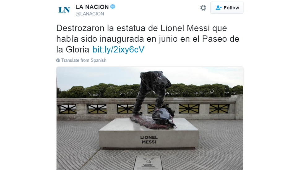 Tweet from La Nacion on the damage to the Lionel Messi statue