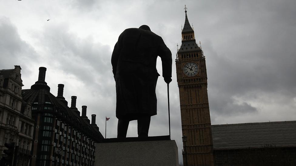 Churchill statue outside the Houses of Parliament on a grey day