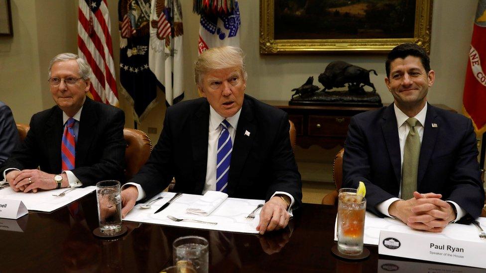 Senate majority leader Mitch McConnell, President Trump and House Speaker Paul Ryan - 1 March