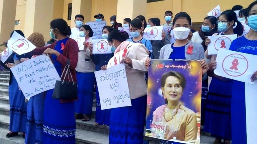 University teachers in Kachin State protesting against the military coup in Myanmar