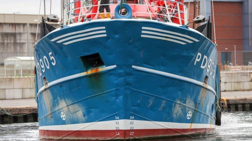 a Scottish scallop dredger, in dock at Shoreham, West Sussex