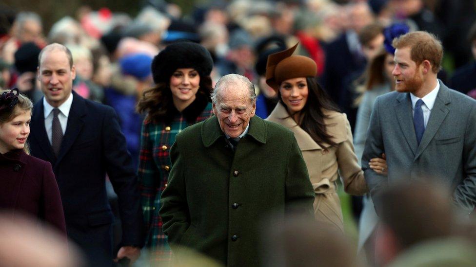 Prince Philip with other members of Royal Family at the Christmas Day church service at Sandringham on 25 December 2017