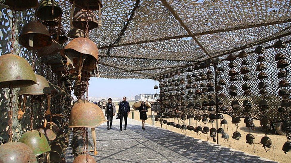 Helmets are displayed at the Spoils of War open air museum in Baku, Azerbaijan