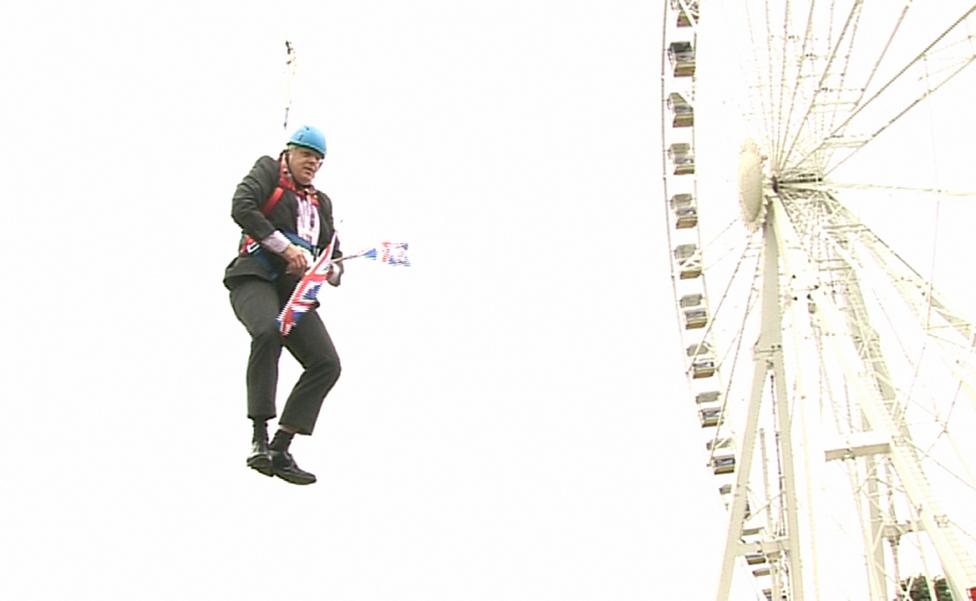 Boris Johnson suspended on a zipwire